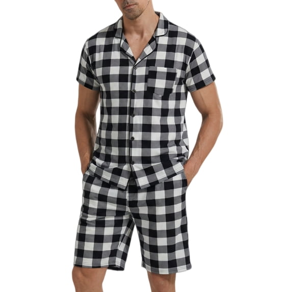LANBAOSI Mens Pajamas Set Short Sleeve Button Down Shirts and Plaid PJ Shorts 2pc Soft Lounge Sleepwear Set(White Plaid,L)