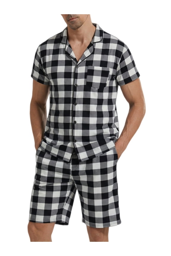 Mens Pajamas Set Short Sleeve Button Down Shirts and Plaid PJ Shorts 2pc Soft Lounge Sleepwear Set(White Plaid,L)