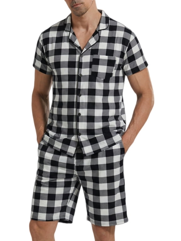 Mens Pajamas Set Short Sleeve Button Down Shirts and Plaid PJ Shorts 2pc Soft Lounge Sleepwear Set(White Plaid,L)