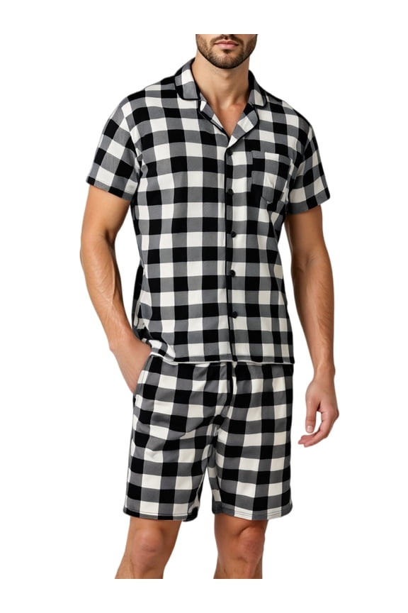 Mens Pajamas Set Short Sleeve Button Down Shirts and Plaid PJ Shorts 2pc Soft Lounge Sleepwear Set(White Plaid,L)
