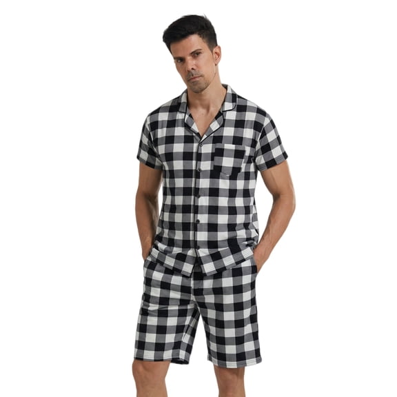 LANBAOSI Mens Pajamas Set Short Sleeve Button Down Shirts and Plaid PJ Shorts 2pc Soft Lounge Sleepwear Set(White Plaid,L)