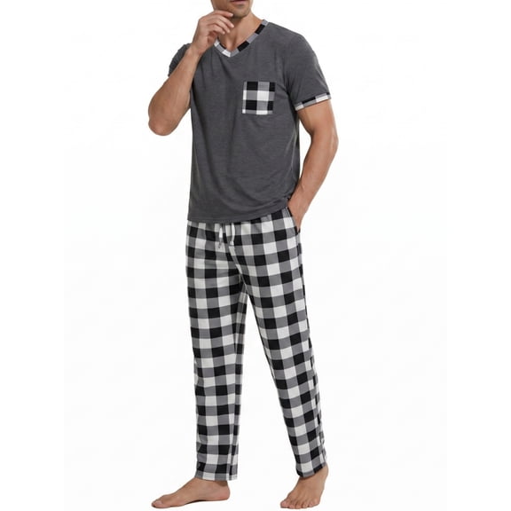 LANBAOSI Mens Pajamas Set Short Sleeve T-shirt and Plaid PJ Pants Set Soft Lounge Set