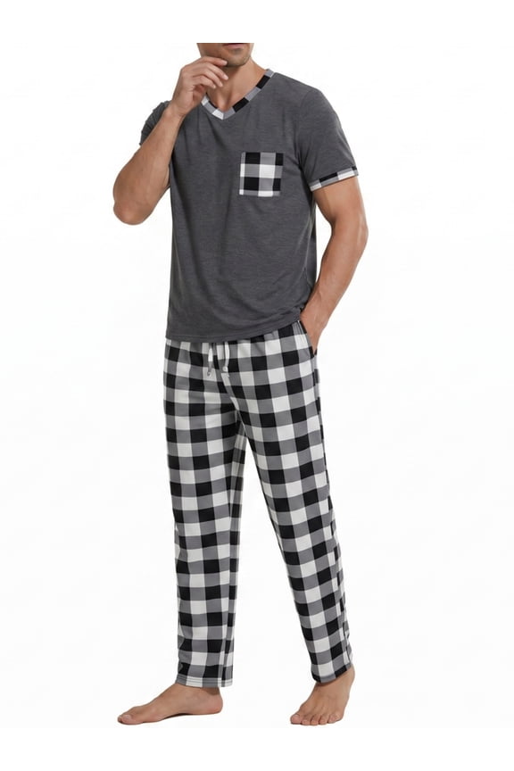 Mens Pajamas Set Short Sleeve T-shirt and Plaid PJ Pants Set Soft Lounge Set