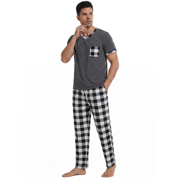 LANBAOSI Mens Pajamas Set Short Sleeve T-shirt and Plaid PJ Pants Set Soft Lounge Set