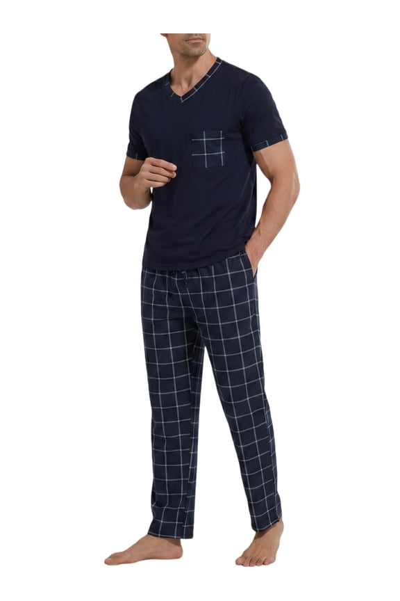 Mens Pajamas Set Short Sleeve T-shirt and Plaid PJ Pants Set Soft Lounge Set