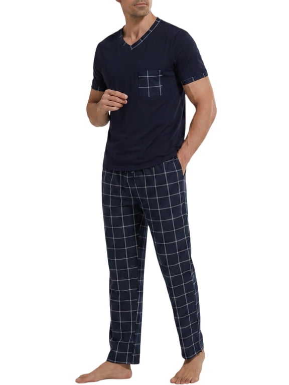 Mens Pajamas Set Short Sleeve T-shirt and Plaid PJ Pants Set Soft Lounge Set