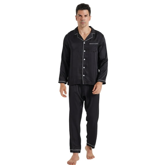 LANBAOSI Mens Satin Pajamas Set Long Sleeve Button Down 2-Piece Sleepwear, Black L