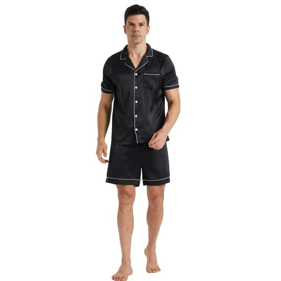 LANBAOSI Mens Satin Silk Pajama Set Short Sleeve Sleepwear Summer 2 Piece Loungewear (Black,L)