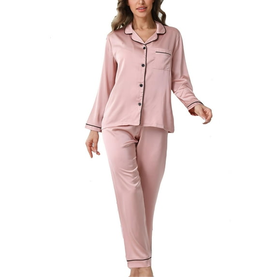 LANBAOSI Womens Satin Pajama Sets Long Sleeve Sleepwear Button Up Silk Loungewear, Pink S