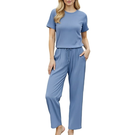 LANBAOSI Womens Pajama Set Ribbed Knit Short Sleeve Tops & Long Pjs Pants with Pockets 2-Piece Summer Soft Sleepwear Set, Size M