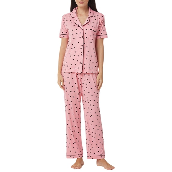 LANBAOSI Womens Pajama Set Short Sleeve Love Heart Print Comfy Button Down Shirt and Pants 2Pcs Sleepwear, Size L
