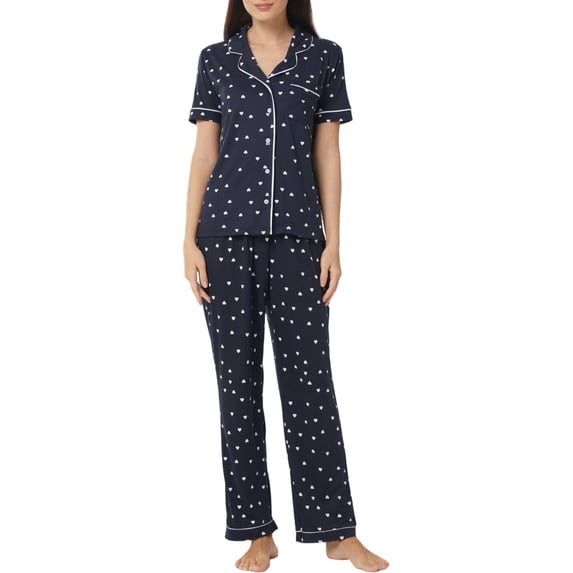 LANBAOSI Womens Pajama Set Short Sleeve Love Heart Print Comfy Button Down Shirt and Pants 2Pcs Sleepwear, Size M