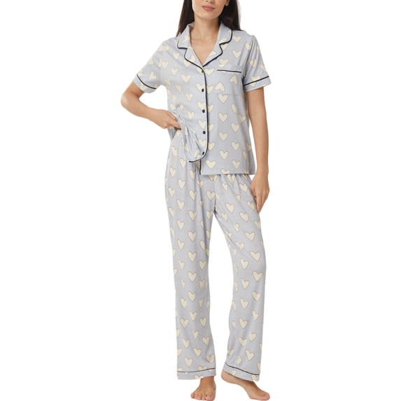 LANBAOSI Womens Pajama Set Short Sleeve Love Heart Print Comfy Button Down Shirt and Pants 2Pcs Sleepwear, Size M