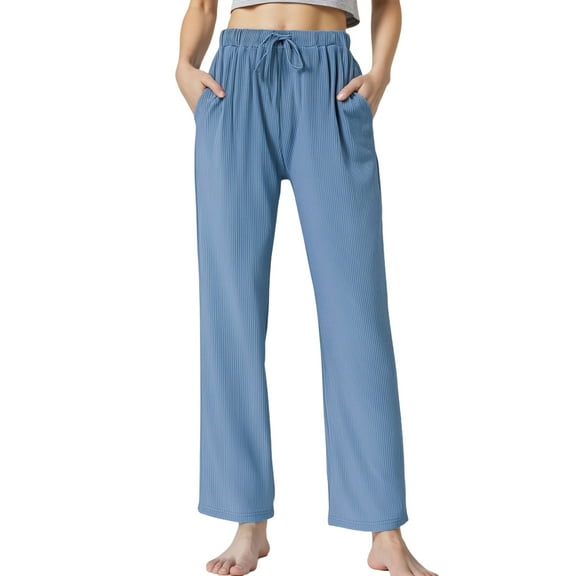 LANBAOSI Womens Pajamas Pants with Pockets Ribbed Knit Comfy Stretch Loose Lounge Casual Pants Blue,Size L