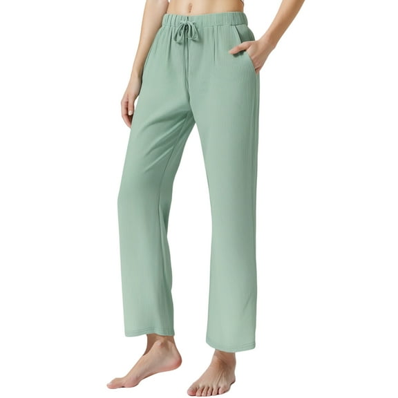 LANBAOSI Womens Pajamas Pants with Pockets Ribbed Knit Comfy Stretch Loose Lounge Casual Pants Green,Size M