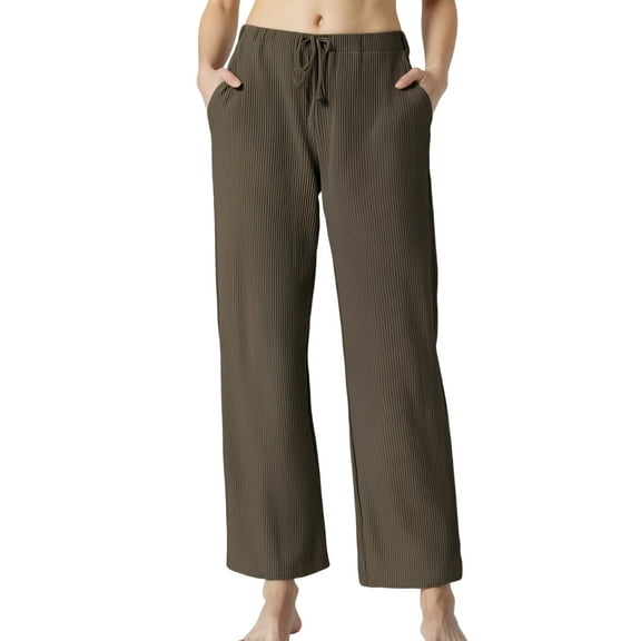 LANBAOSI Womens Pajamas Pants with Pockets Ribbed Knit Comfy Stretch Loose Lounge Casual Pants Brown,Size M