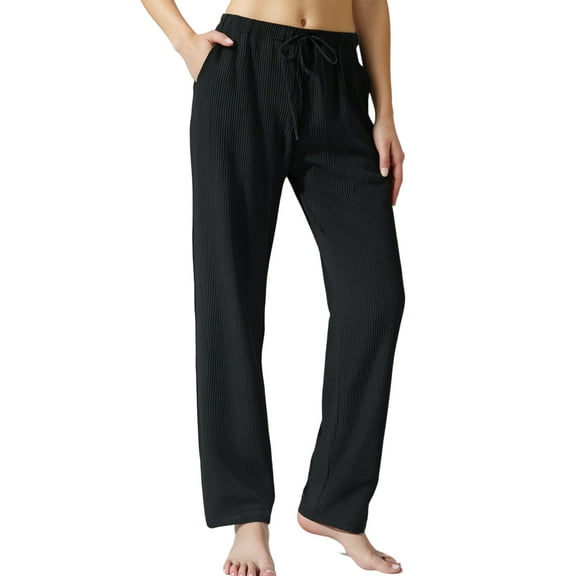 LANBAOSI Womens Pajamas Pants with Pockets Ribbed Knit Comfy Stretch Loose Lounge Casual Pants Black,Size S