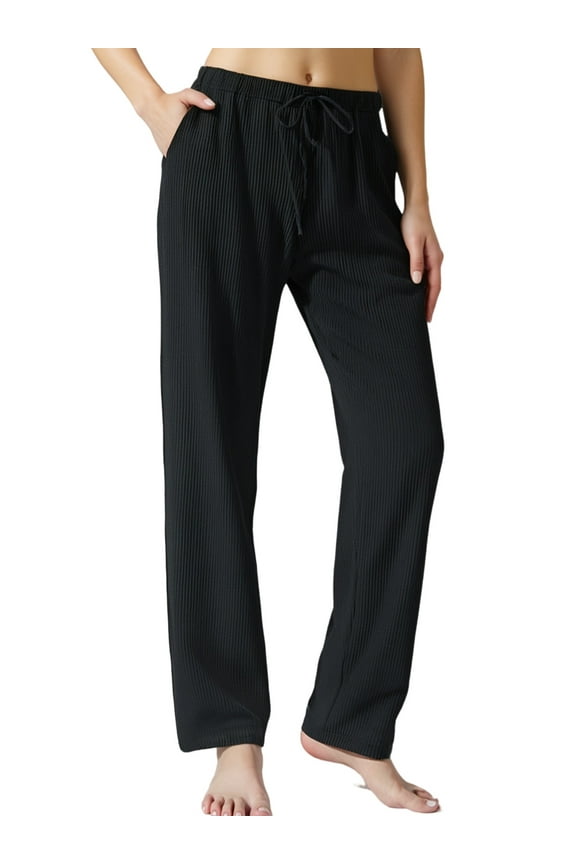 Womens Pajamas Pants with Pockets Ribbed Knit Comfy Stretch Loose Lounge Casual Pants Black,Size S