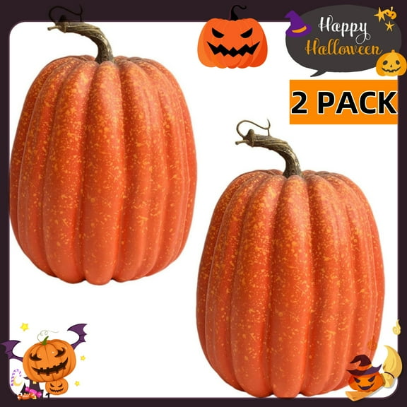 LANBB 2 PCS 8 Inch Orange Pumpkins for Decorating - Large Artificial Foam Pumpkins for Fall Decor, Halloween, Thanksgiving, Paintable for DIY Crafts & Centerpieces