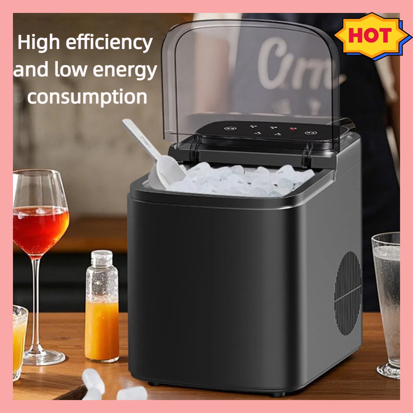 LANBB Countertop Ice Maker, Self-Cleaning Portable Ice Make Machine with Handle and Ice Scoop, Ice Cubes, 9Pcs/6Min 26Lbs/24H for Home/Office/Bar/Party (Black)