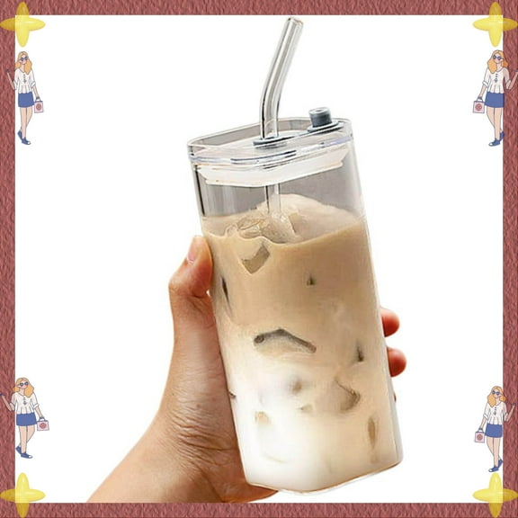 LANBB Glass Cups with Lids and Straws, 14oz Iced Coffee Cups & Glass Coffee Cups, Heat-Resistant Coffee Cup for Cold Drinks, Juice, Milk | Leakproof & Shatterproof, Ideal for Home, Office, Travel