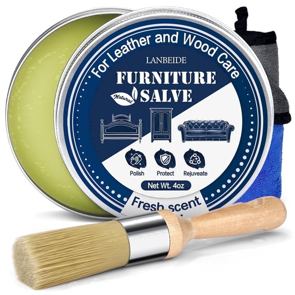 LANBEIDE Furniture Salve 4oz – Restores, Conditions & Polishes Leather & Wood, Scratch Repair Kit with Brush & Towel – All-in-One
