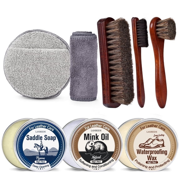 LANBEIDE Leather Boot Care Kit 8 Pcs Saddle Soap, Mink Oil, Waterproof Wax & Brushes