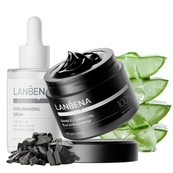 LANBENA 3-in-1 Blackhead Removal Set-Bamboo Charcoal Pore Strips (30g)&Pore Minimizing Serum (30ml)&Removal Paper - Mask for Face, Minimizes Pores & Leaves Skin Fresh & Clean, Blackhead Remover