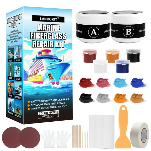 LANBOKIT Marine Fiberglass Repair Kit for Boats, Gel Coat Repair Kit and Epoxy Filler for Boats, Fiberglass Repair Kit Fix Holes, Chips & Deep Cracks, Gelcoat Repair Kit for Fiberglass, Porcelain