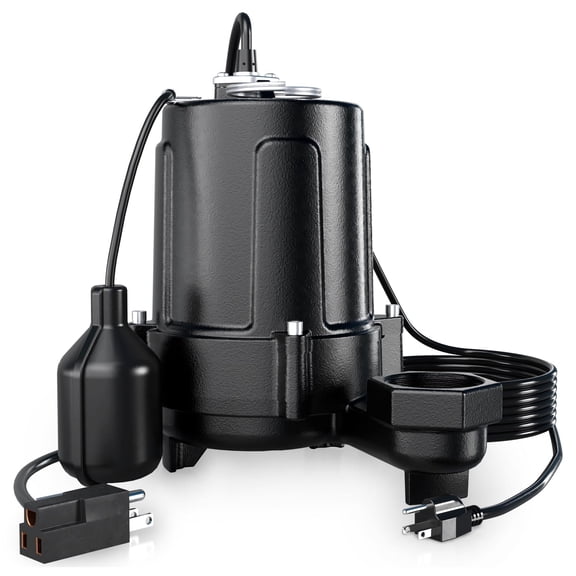 LANCHEZ 1.5 HP Submersible Sewage Pump, 4300 GPH 53FT Lift Cast Iron Sump Pump with Automatic Float Switch, 2" NPT Discharge for Basement Residential Use