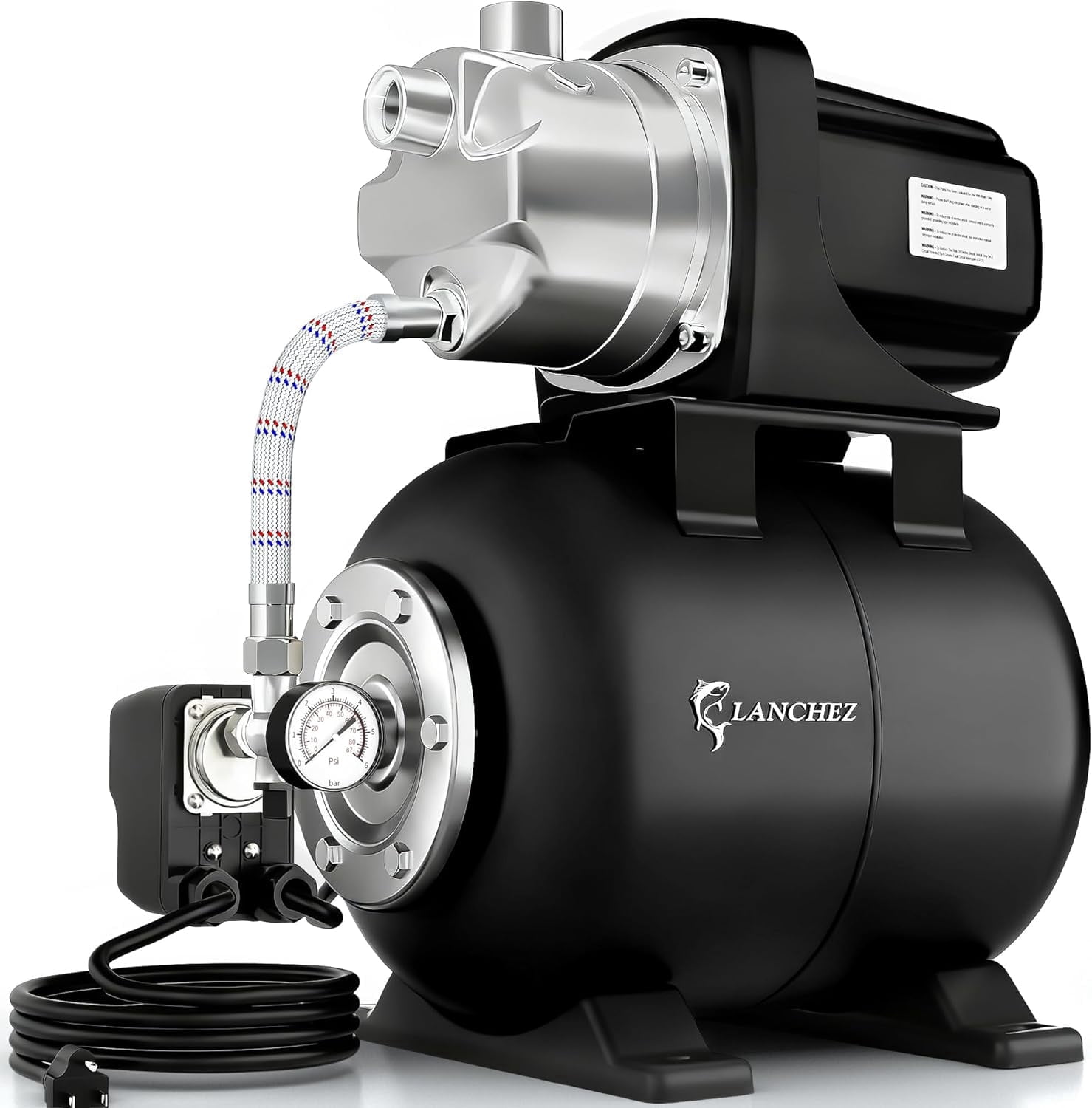 LANCHEZ 1.6 HP Shallow Well Pump with Pressure Tank, 1340 GPH Stainless Steel Garden Irrigation Pump, 115V Water Transfer Pump, Automatic Water Booster Jet Pump for Home Garden Lawn Farm, Glossy