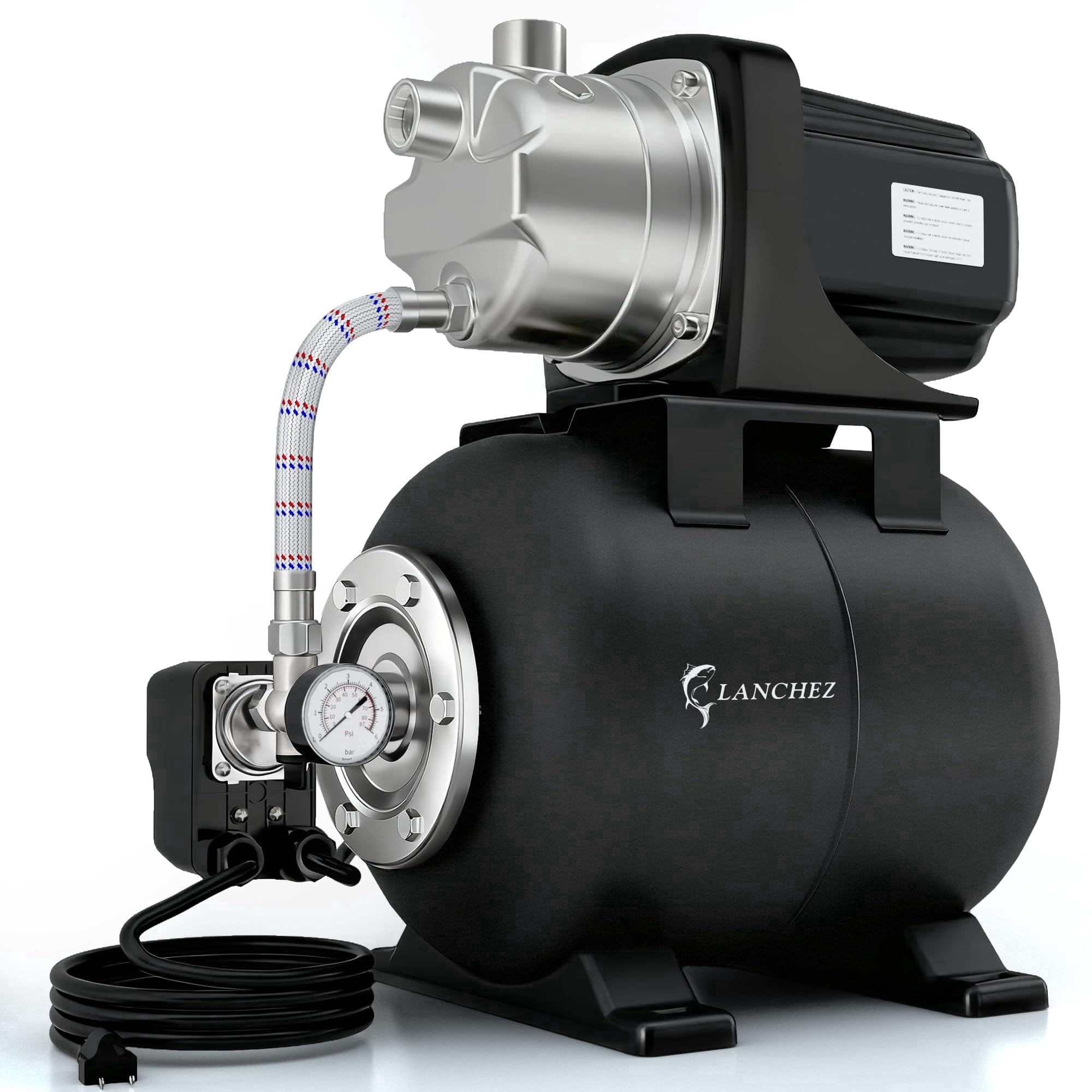 LANCHEZ 1.6 HP Shallow Well Pump with 5 Gallon Tank, 1340 GPH 115V Stainless Steel Water Booster Jet Pump for Garden Irrigation