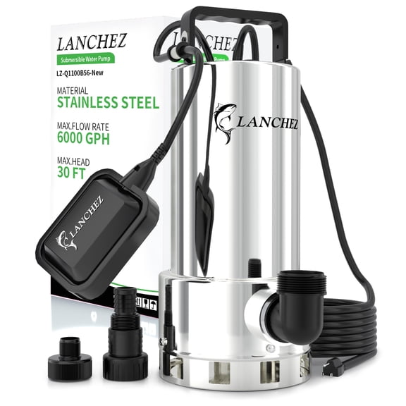 LANCHEZ 1.6HP 6000GPH Sump Pump, Stainless Steel Submersible Pump with Float Switch for Basement Flood, Pool