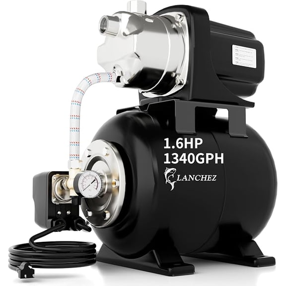 LANCHEZ 1.6HP Shallow Well Jet Pump, 1340 GPH Stainless Steel Automatic Water Booster Pump, 115V for Home, Garden & Lawn Irrigation, Glossy Black