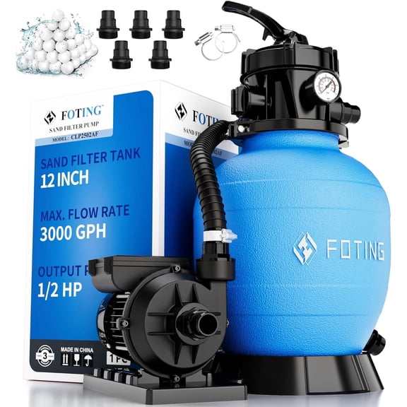 FOTING 12 Inch 1/2HP 3000GPH Sand Filter Pump for Above Ground Pool with 24H Timer and 7-Way Valve