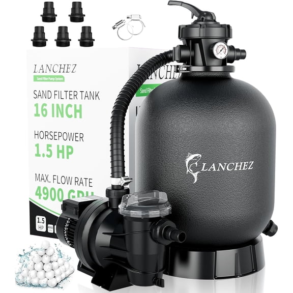 LANCHEZ 16" 1.5HP Sand Filter Pump System 4900GPH 7-Way Valve with Timer for Above Ground Pools