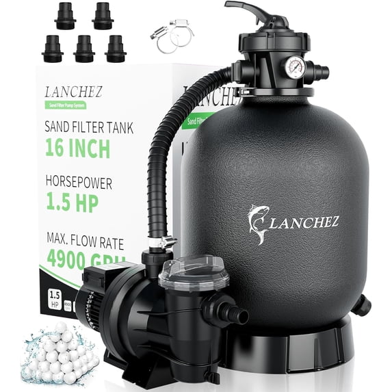 LANCHEZ 16" 1.5HP Sand Filter Pump System 4900GPH 7-Way Valve with Timer for Above Ground Pools