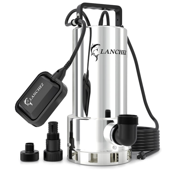 LANCHEZ Sump Pump, 1.6HP High Flow Submersible Water Pump with Float Switch, 6000GPH Automatic Transfer Utility Pump Pump for Swimming Pool Basement Flooded Pit Sewage Sink Tub, Stainless Steel Large