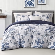 LANCO MODERN LIFESTYLE 3 Piece Queen Comforter Set, White Blue Botanical Floral Bedding, Soft Microfiber Comforter with Pillow Shams, Lightweight All Season Mod