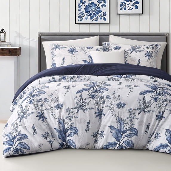 LANCO MODERN LIFESTYLE 3 Piece Queen Comforter Set, White Blue Botanical Floral Bedding, Soft Microfiber Comforter with Pillow Shams, Lightweight All Season Modern Woodland Bedspread