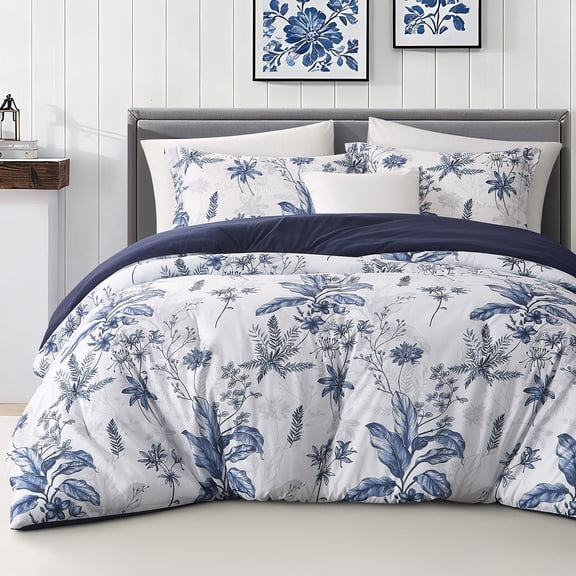 LANCO MODERN LIFESTYLE 3 Piece Queen Comforter Set, White Blue Botanical Floral Bedding, Soft Microfiber Comforter with Pillow Shams, Lightweight All Season Modern Woodland Bedspread