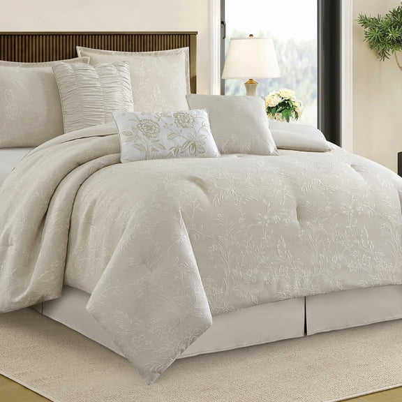 LANCO MODERN LIFESTYLE 7 Piece Beige Comforter Set, Queen, Cotton Fabric Jacquard Patchwork Floral, Year-Round Comfort Bed in a Bag with Bed Skirt, Shams & Decorative Pillows