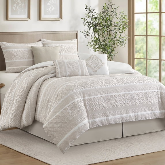 LANCO MODERN LIFESTYLE 7 Piece California King Comforter Set, Beige, Elegant Jacquard with Patchwork, Stylish and Cozy Bedding Collection, Premium Bedding Set with Bedskirt, Shams and Pillows