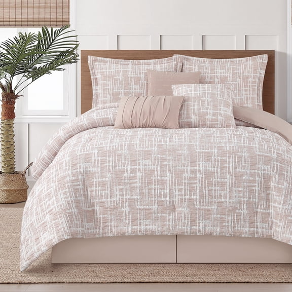 LANCO MODERN LIFESTYLE 7 Piece Comforter Set, King, Blush Pink, Geometric Abstract Linear Textured Plaid, All Seasons Bedding Set Includes Bed Skirt, Pillow Shams & Decorative Pillows