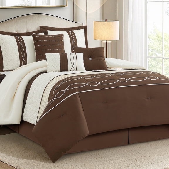 LANCO MODERN LIFESTYLE 7 Piece Comforter Set, King, Brown Geometric Clip Design, 100% Polyester, Luxury All Seasons Bed Set Includes Comforter, Bed Skirt, Pillow Shams, and Decorative Pillows
