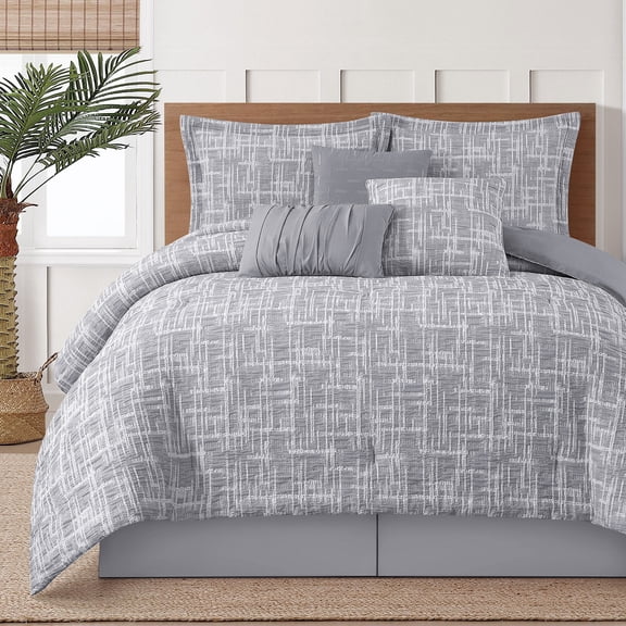 LANCO MODERN LIFESTYLE 7 Piece Comforter Set, King, Grey, Geometric Abstract Linear Textured Plaid, All Seasons Bedding Set Includes Bed Skirt, Pillow Shams & Decorative Pillows