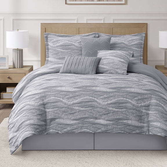 LANCO MODERN LIFESTYLE 7 Piece Comforter Set, Queen, Grey, Geometric Water Ripple Texture, All Seasons Bed in a Bag Includes Comforter, Bed Skirt, Pillow Shams & Decorative Pillows
