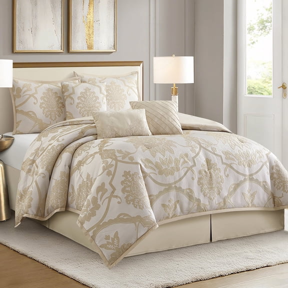 LANCO MODERN LIFESTYLE 7 Piece Gold Comforter Set, Queen, Elegant Jacquard Floral Bed in a Bag, Microfiber Bedding All Seasons with Pillow Shams, Decorative Pillows and Bed Skirt