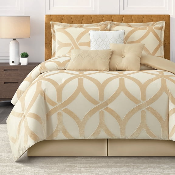 LANCO MODERN LIFESTYLE 7 Piece Gold Comforter Set, Queen, Jacquard Geometric Pattern, Bed in a Bag, Cut Velvet Luxury Bedding All Seasons with Pillow Shams, Decorative Pillows and Bed Skirt