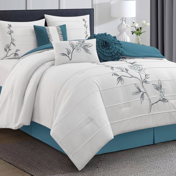 LANCO MODERN LIFESTYLE 7 Piece King Comforter Set, Blue White, Floral Embroidery, Microfiber Pleating Bedding Set for All Seasons with Comforter, Bed Skirt, Pillow Shams, and Decorative Pillows